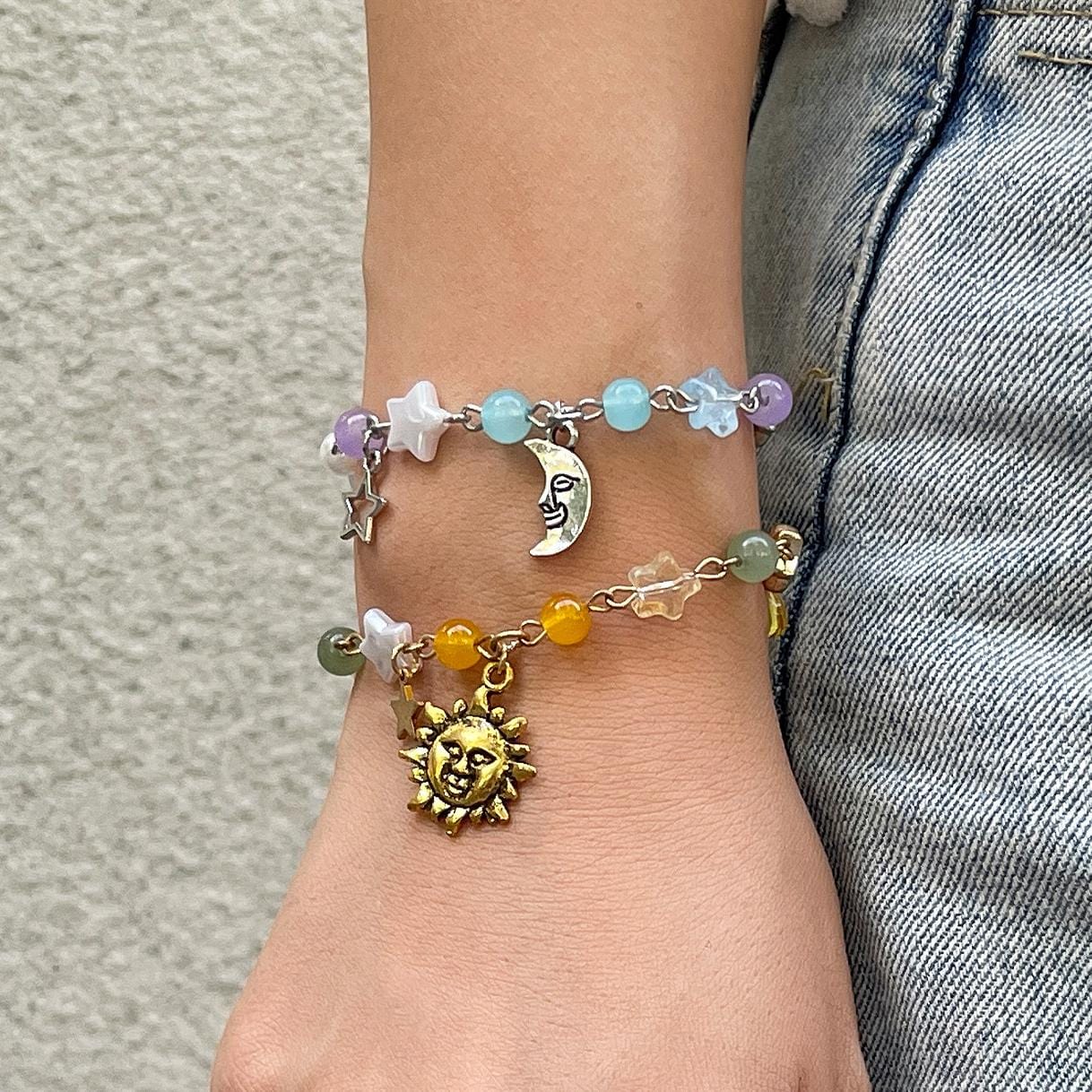 Chic Sun Moon Charm Pearl Crystal Chain Matching Bracelet Set - ArtGalleryZen