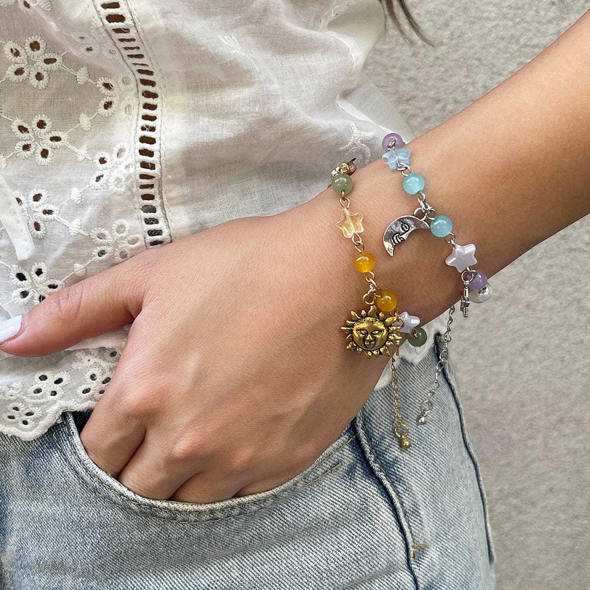 Chic Sun Moon Charm Pearl Crystal Chain Matching Bracelet Set - ArtGalleryZen
