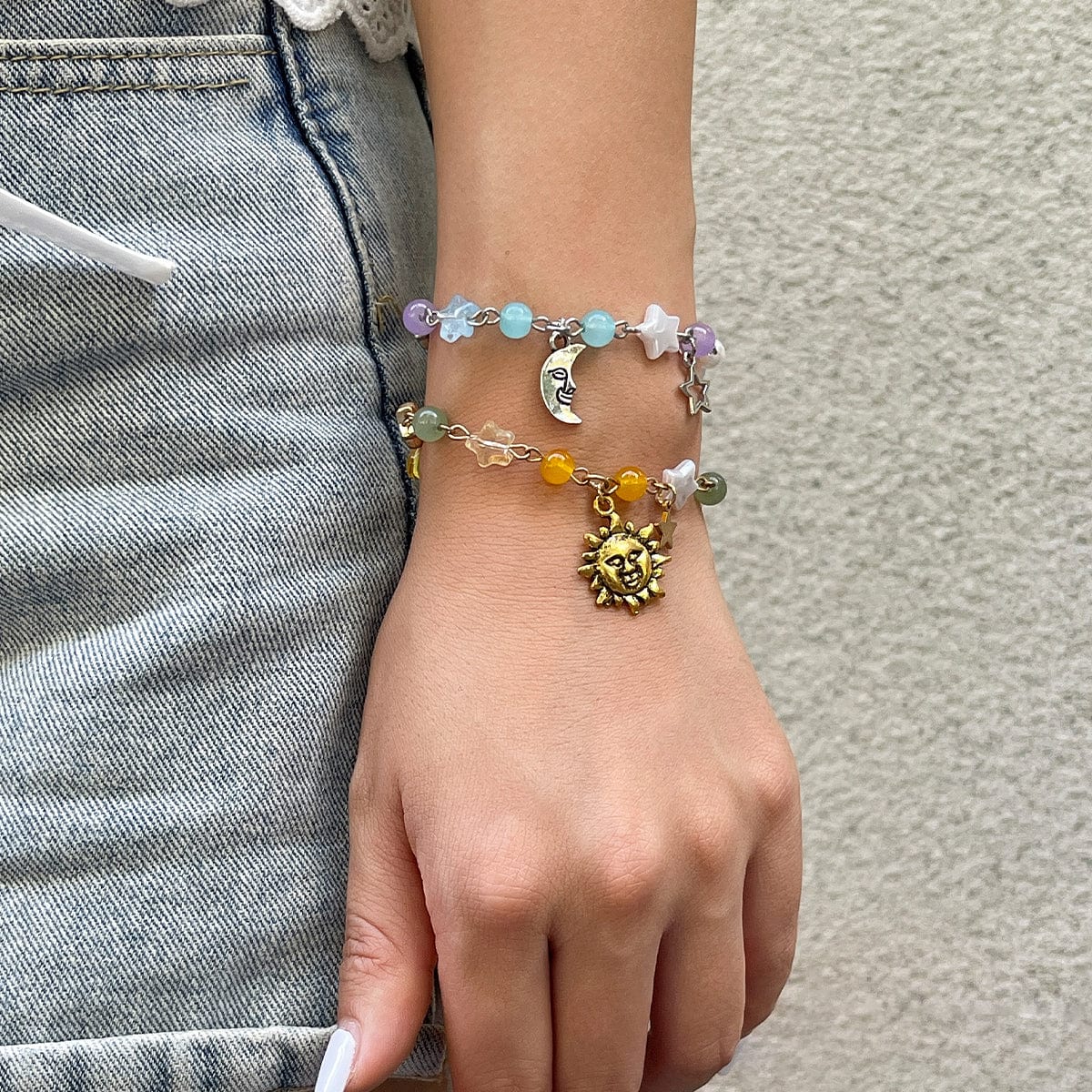 Chic Sun Moon Charm Pearl Crystal Chain Matching Bracelet Set - ArtGalleryZen