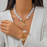 Thumbnail for Chic Toggle Clasp Textured Round Disk Pendant Irregular Pearl Chain Necklace Bracelet - ArtGalleryZen