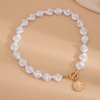 Thumbnail for Chic Toggle Clasp Textured Round Disk Pendant Irregular Pearl Chain Necklace Bracelet - ArtGalleryZen