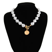 Thumbnail for Chic Toggle Clasp Textured Round Disk Pendant Irregular Pearl Chain Necklace Bracelet - ArtGalleryZen
