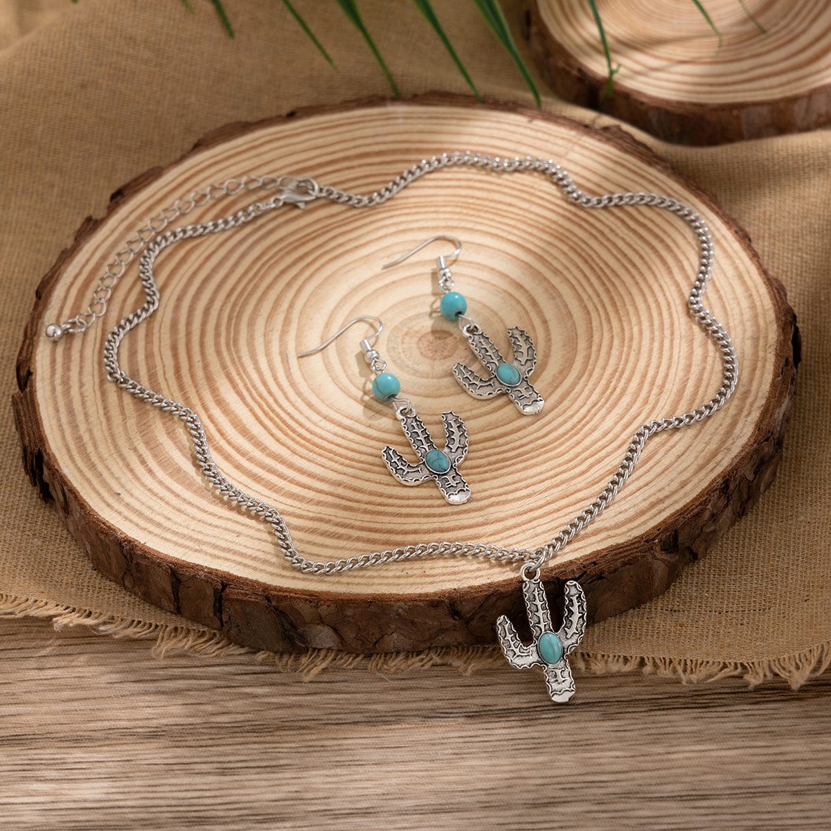 Chic Turquoise Inlaid Cactus Pendant Necklace Earrings Set - ArtGalleryZen