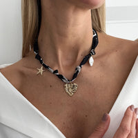 Thumbnail for Chiffon Ribbon Choker Necklace Heart Starfish Pearl Charm Pendant - ArtGalleryZen