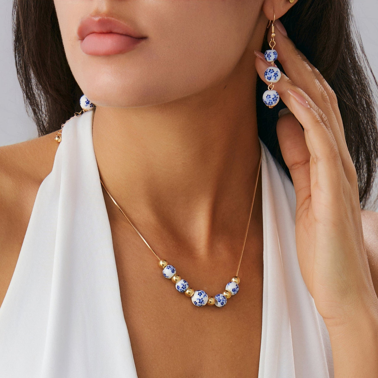 Chinese Style Blue And White Porcelain Beaded Necklace Earrings Set - ArtGalleryZen