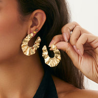 Thumbnail for Chunky Gold Silver Tone Pleated U Shaped Stud Earrings - ArtGalleryZen