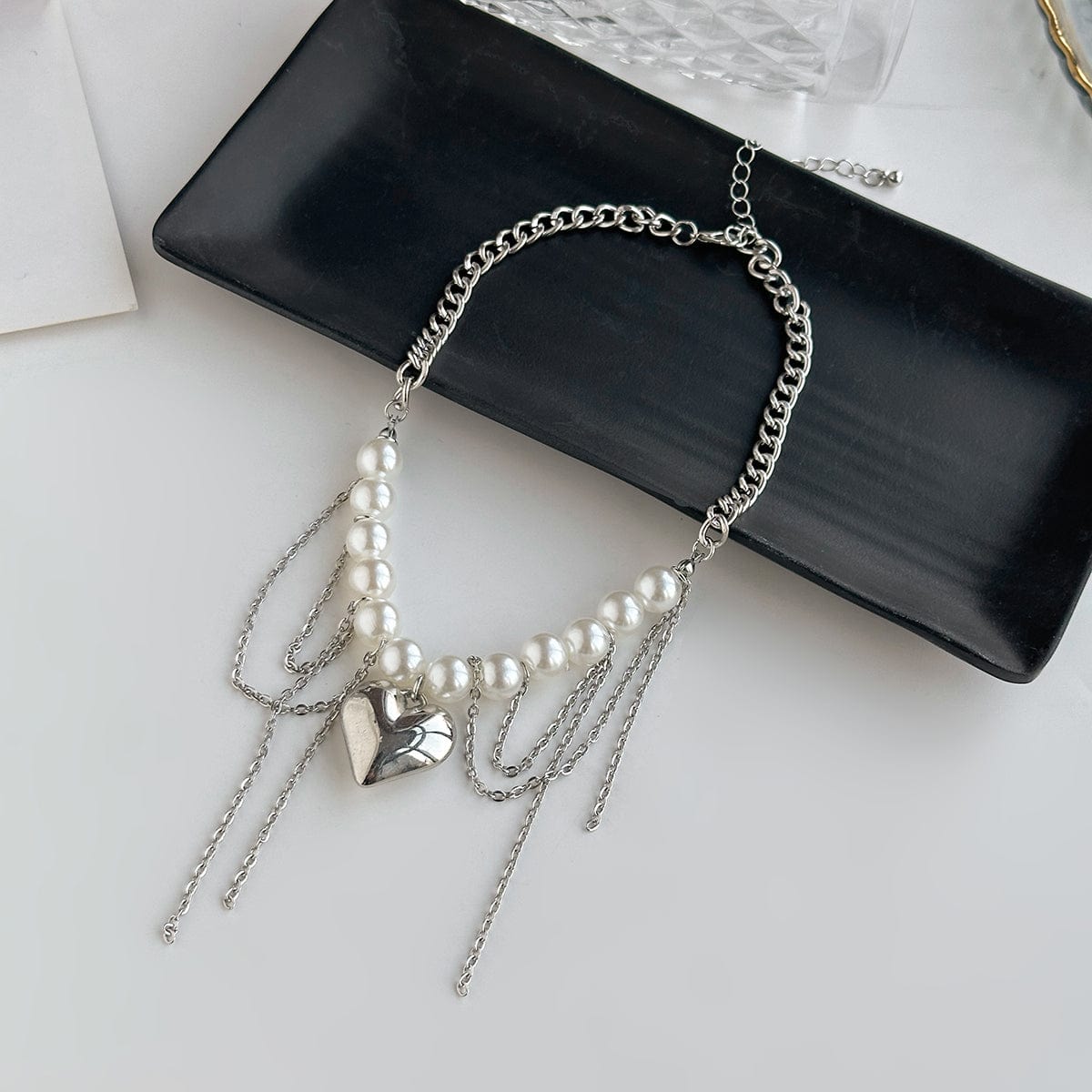 Chunky Layered Heart Pendant Pearl Curb Chain Necklace - ArtGalleryZen