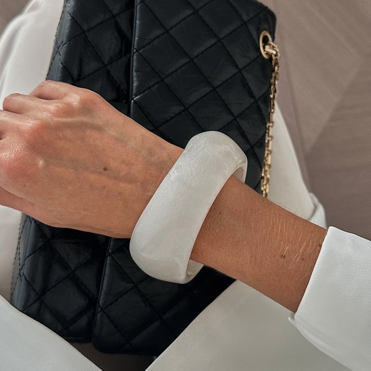 Chunky White Resin Bangle Bracelet - Modern Curved Design Statement - ArtGalleryZen