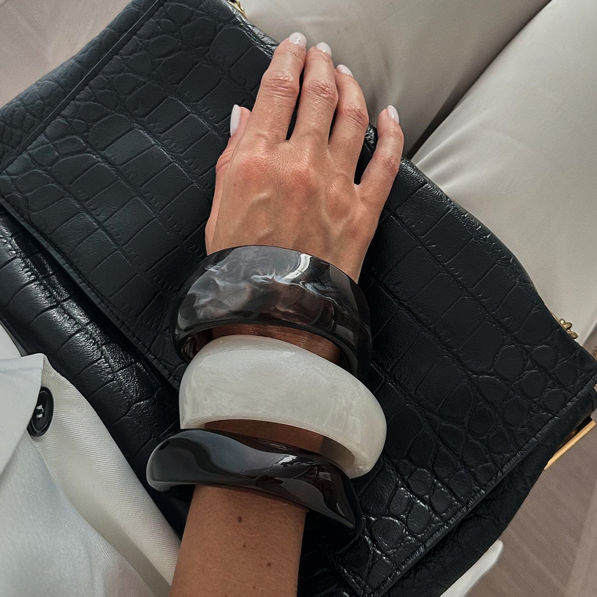 Chunky White Resin Bangle Bracelet - Modern Curved Design Statement - ArtGalleryZen