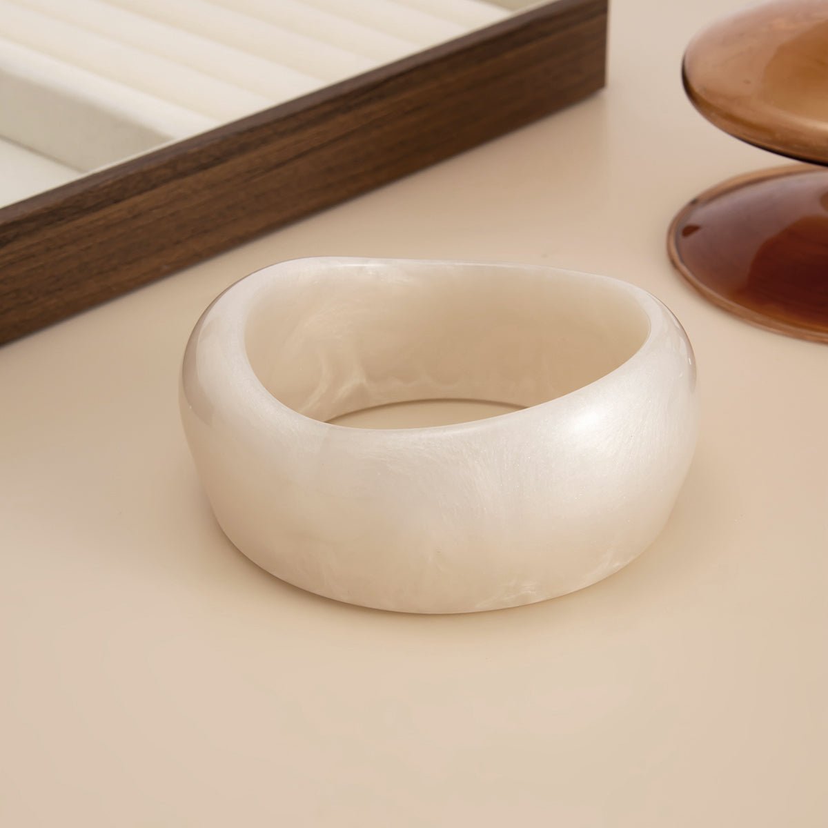 Chunky White Resin Bangle Bracelet - Modern Curved Design Statement - ArtGalleryZen