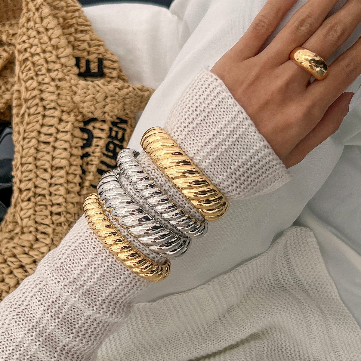 Classic Gold Silver Tone Twisted Bangle Bracelet Set - ArtGalleryZen