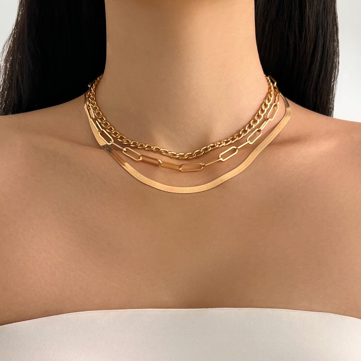Classic Layered Curb Herringbone Chain Necklace Set - ArtGalleryZen