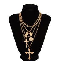 Thumbnail for Classic Layered Gold Silver Tone Pattern Round Disk Cross Pendant Y Necklace Set - ArtGalleryZen