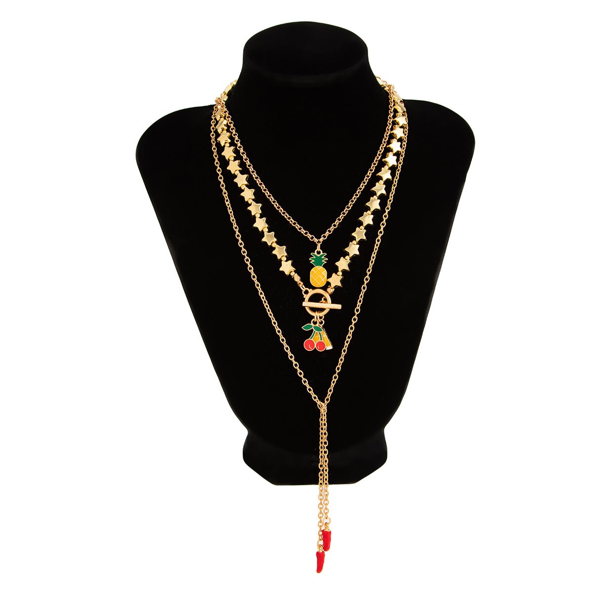 Colorful 3pcs Enamel Cherry Pineapple Fruit Charm Star Chain Necklace - ArtGalleryZen