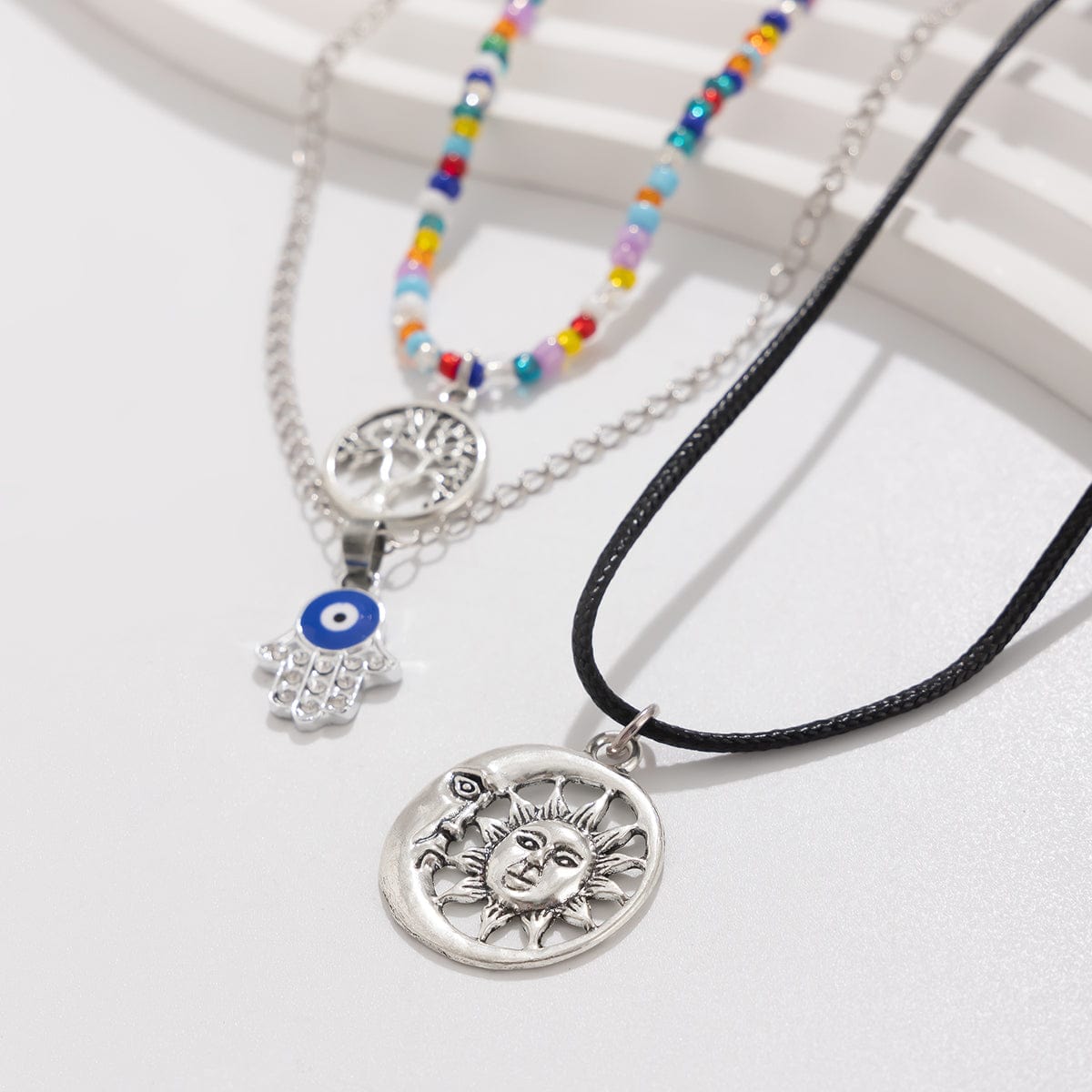Colorful Crystal Beaded Sun Moon Tree Pendant Wax Cord String Necklace Set - ArtGalleryZen
