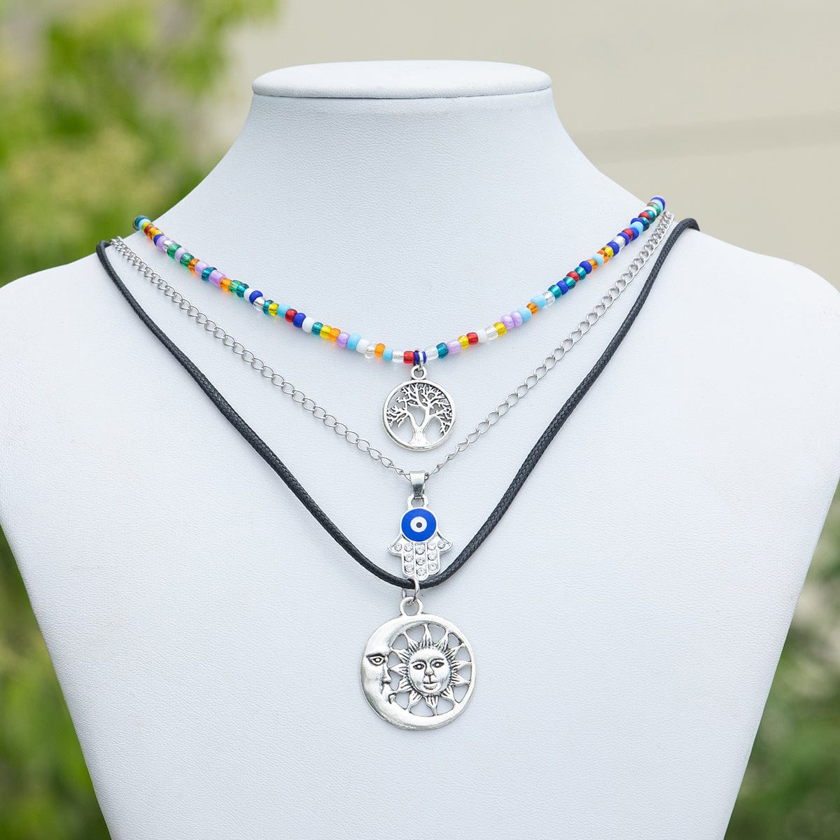 Colorful Crystal Beaded Sun Moon Tree Pendant Wax Cord String Necklace Set - ArtGalleryZen