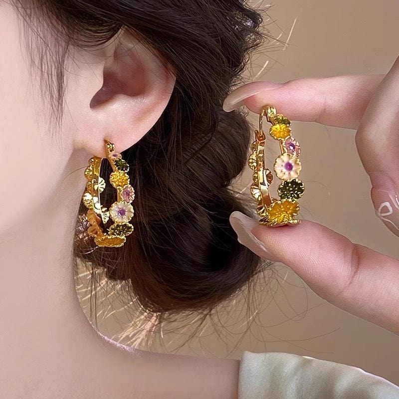 Colorful Enamel Flower Hoop Earrings - ArtGalleryZen