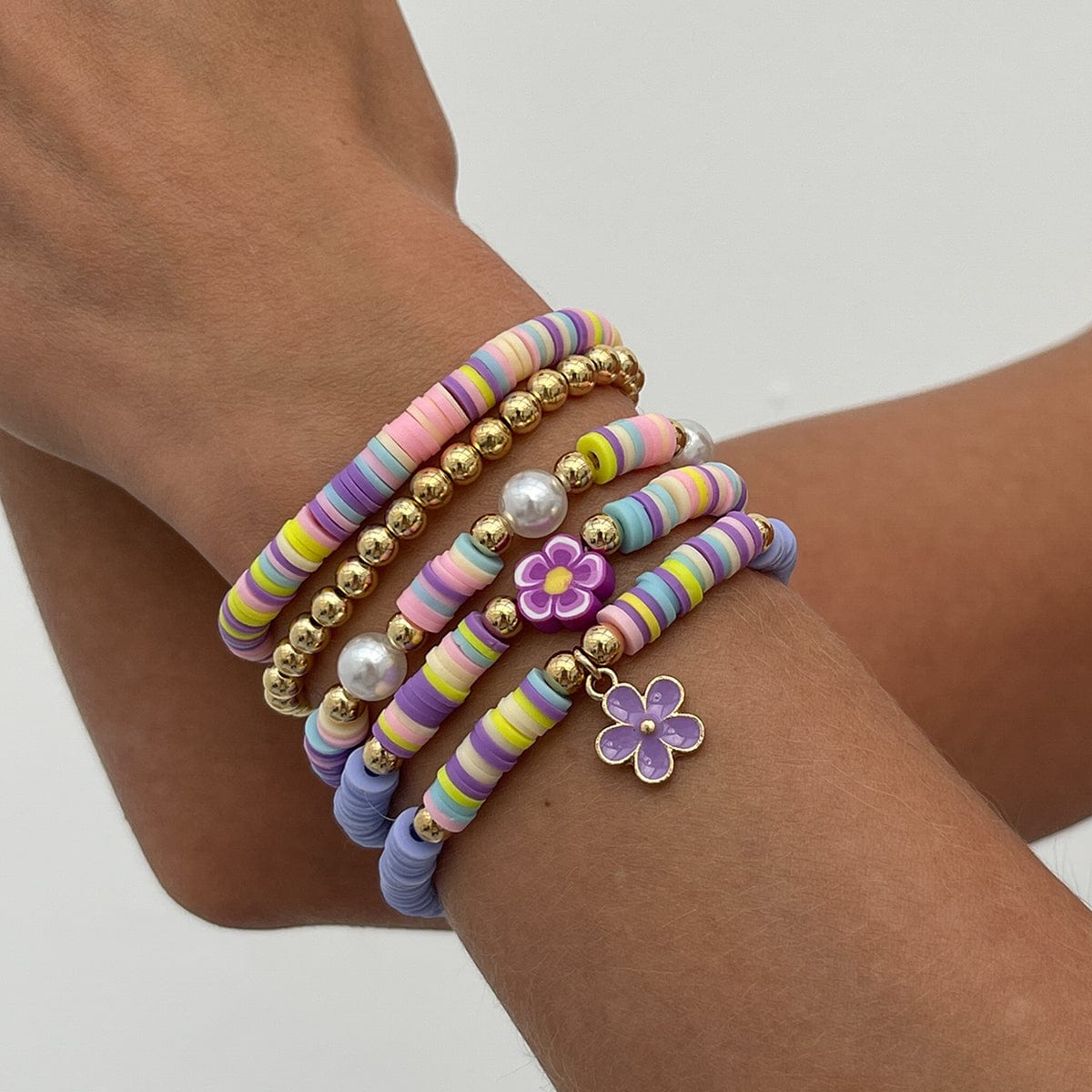 Colorful Layered Enamel Flower Polymer Clay Pearl Beaded Bracelet Set - ArtGalleryZen
