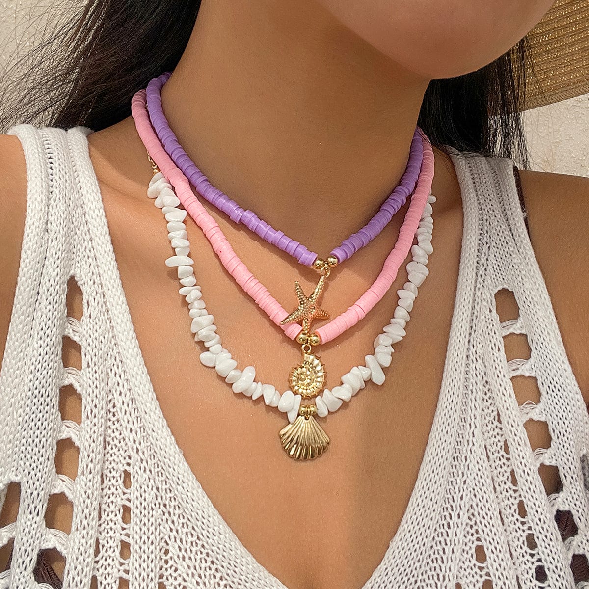 Colorful Layered Shell Starfish Pendant Turquoise Stone Polymer Clay Chain Necklace Set - ArtGalleryZen