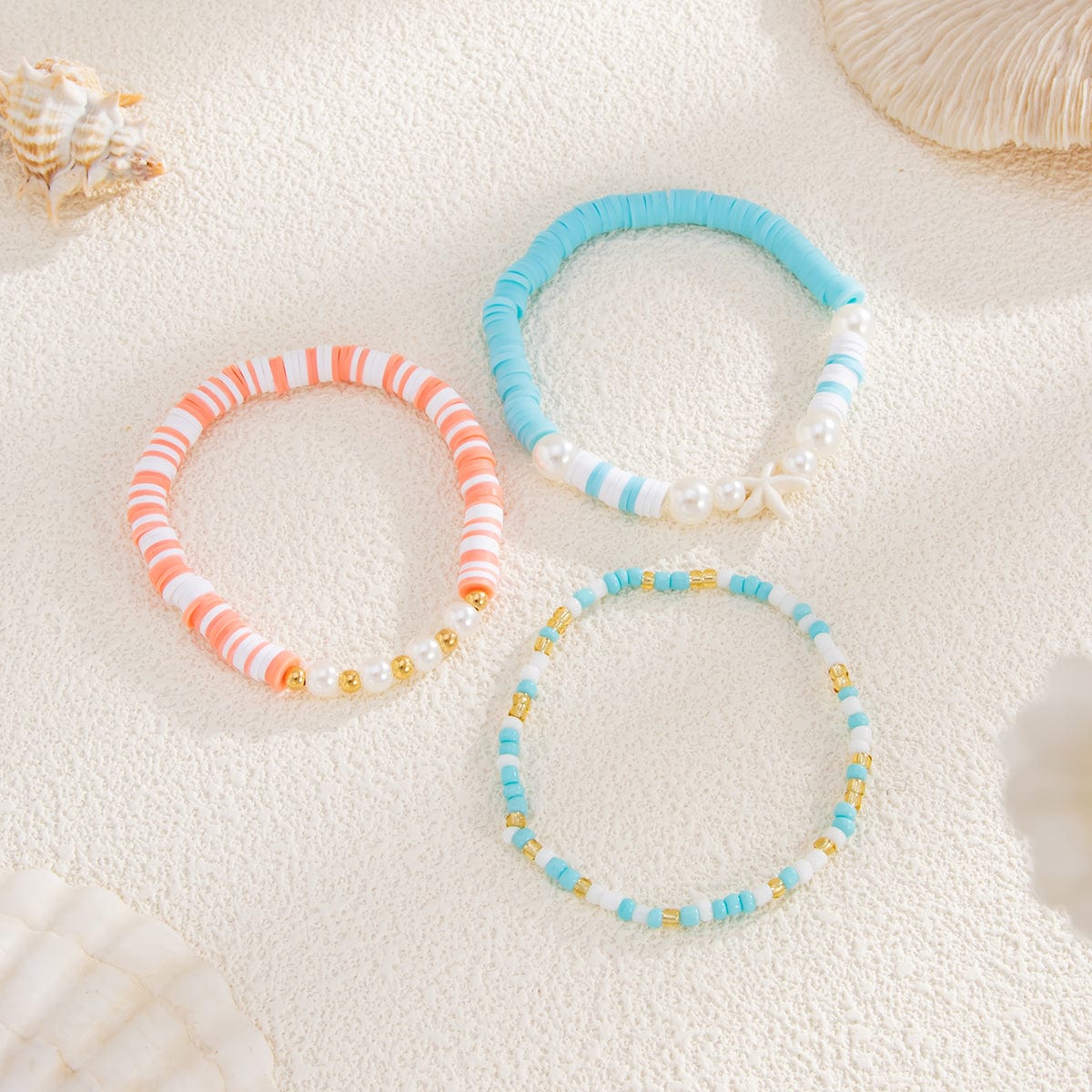 Colorful Layered Starfish Charm Polymer Clay Seed Beaded Bracelet Set - ArtGalleryZen