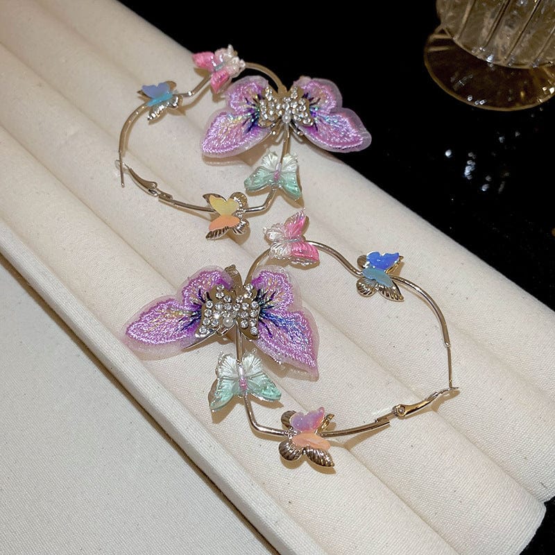 Colorful Rhinestone Inlaid Embroidery Butterfly Heart Hoop Earrings - ArtGalleryZen