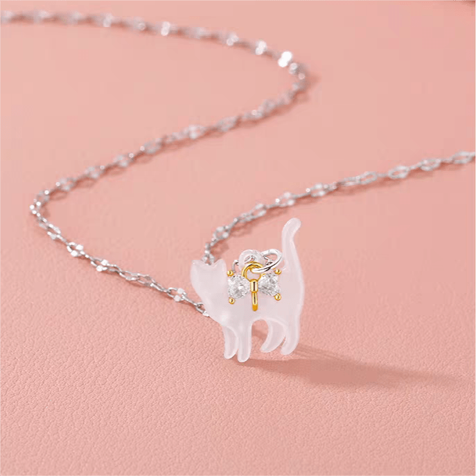 Crystal Bowknot Cat Pendant Necklace - ArtGalleryZen