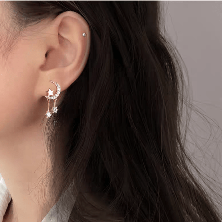 Crystal Inlaid Moon Star Dangle Earrings - ArtGalleryZen