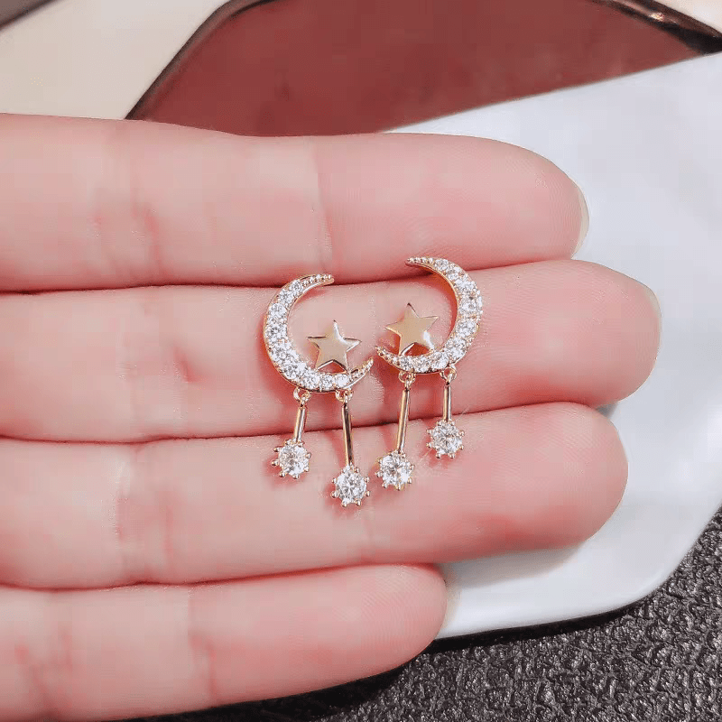 Crystal Inlaid Moon Star Dangle Earrings - ArtGalleryZen