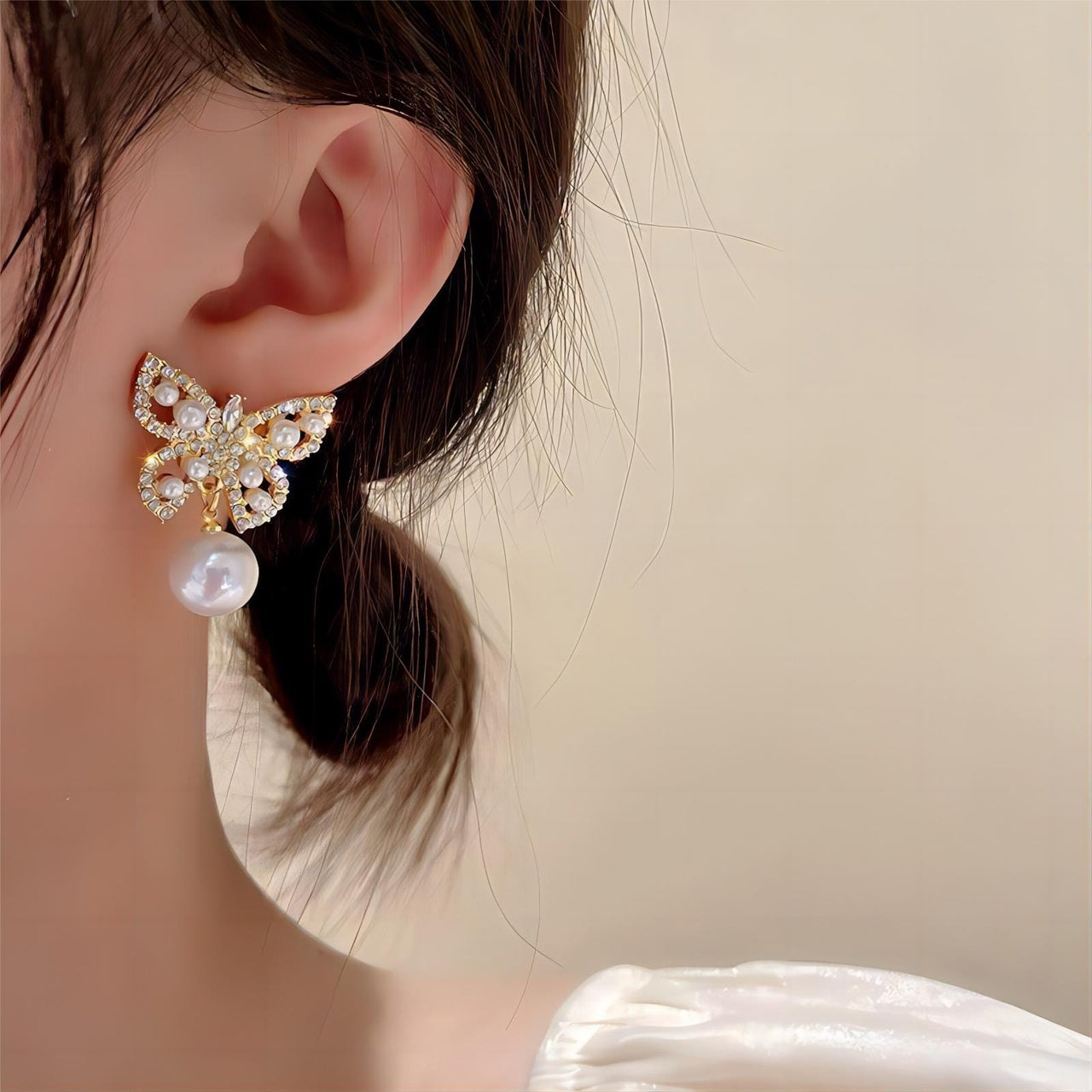 Crystal Pearl Inlaid Butterfly Earrings - ArtGalleryZen