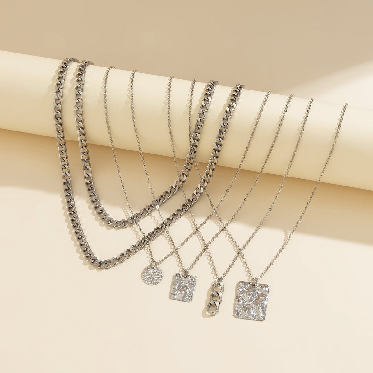 Cuban Layered Round Disk Ring Buckle Square Pendant Chunky Curb Chain Necklace Set - ArtGalleryZen