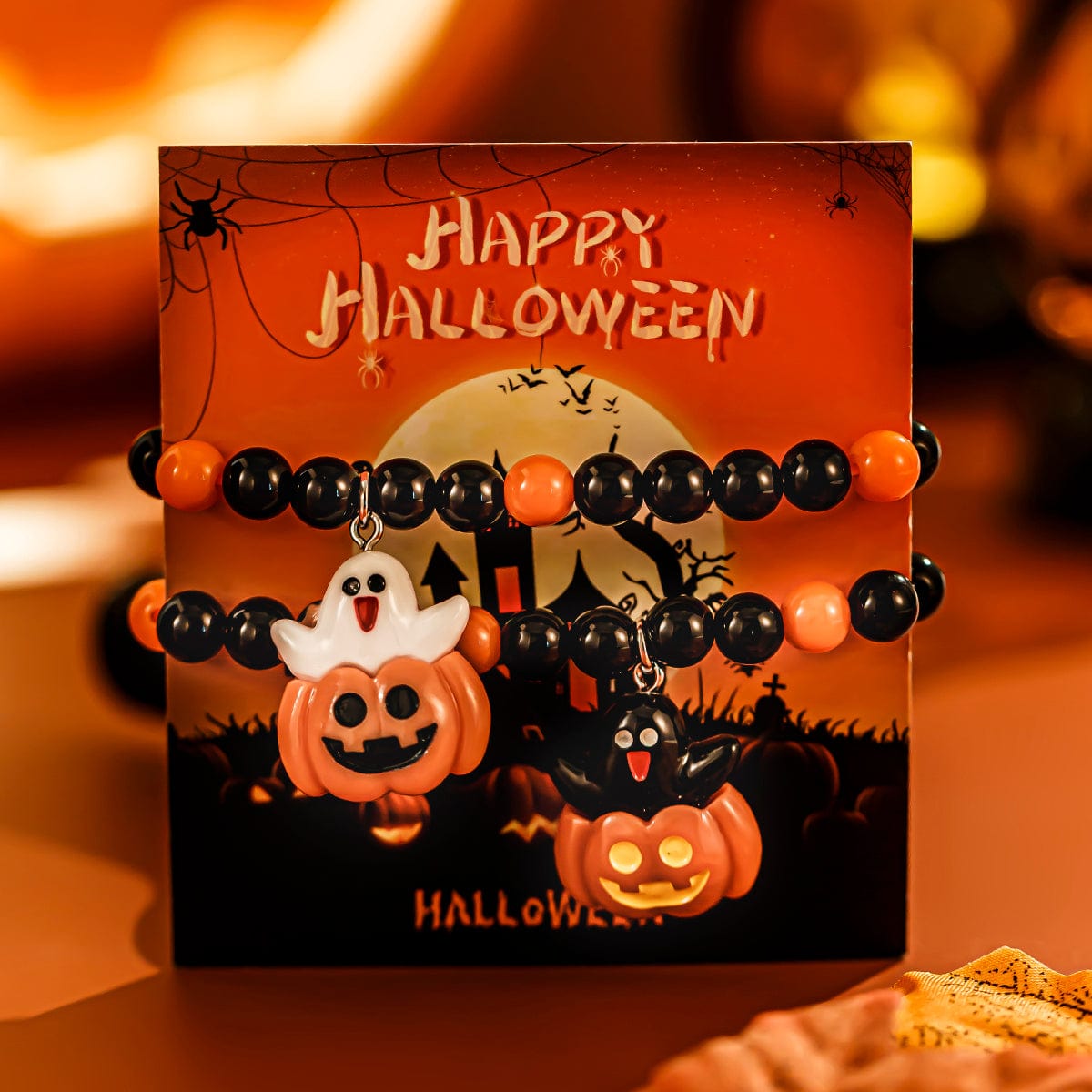 Cute Halloween Pumpkin Ghost Charm Crystal Beaded Bracelet Set - ArtGalleryZen