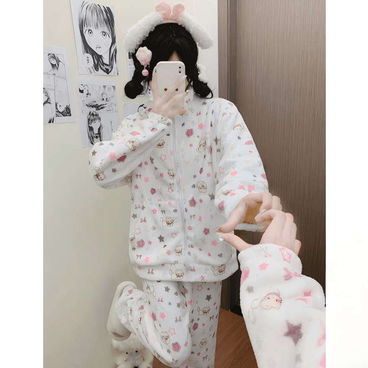Cute Kitten Star Rilakkuma Winter Fluffy Pajama Set - ArtGalleryZen