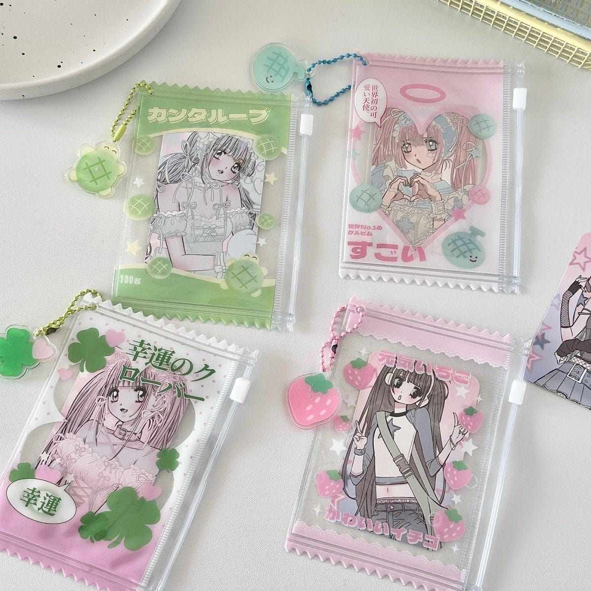 Cute Strawberry Lucky Clover Candy Bag Kpop Keychain Photocard Holder - ArtGalleryZen