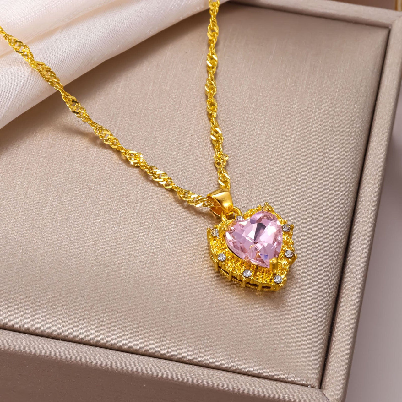 CZ Inlaid Crystal Heart Pendant Necklace - ArtGalleryZen