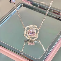 Thumbnail for CZ Inlaid Pink Crystal Floral Heart Necklace - ArtGalleryZen