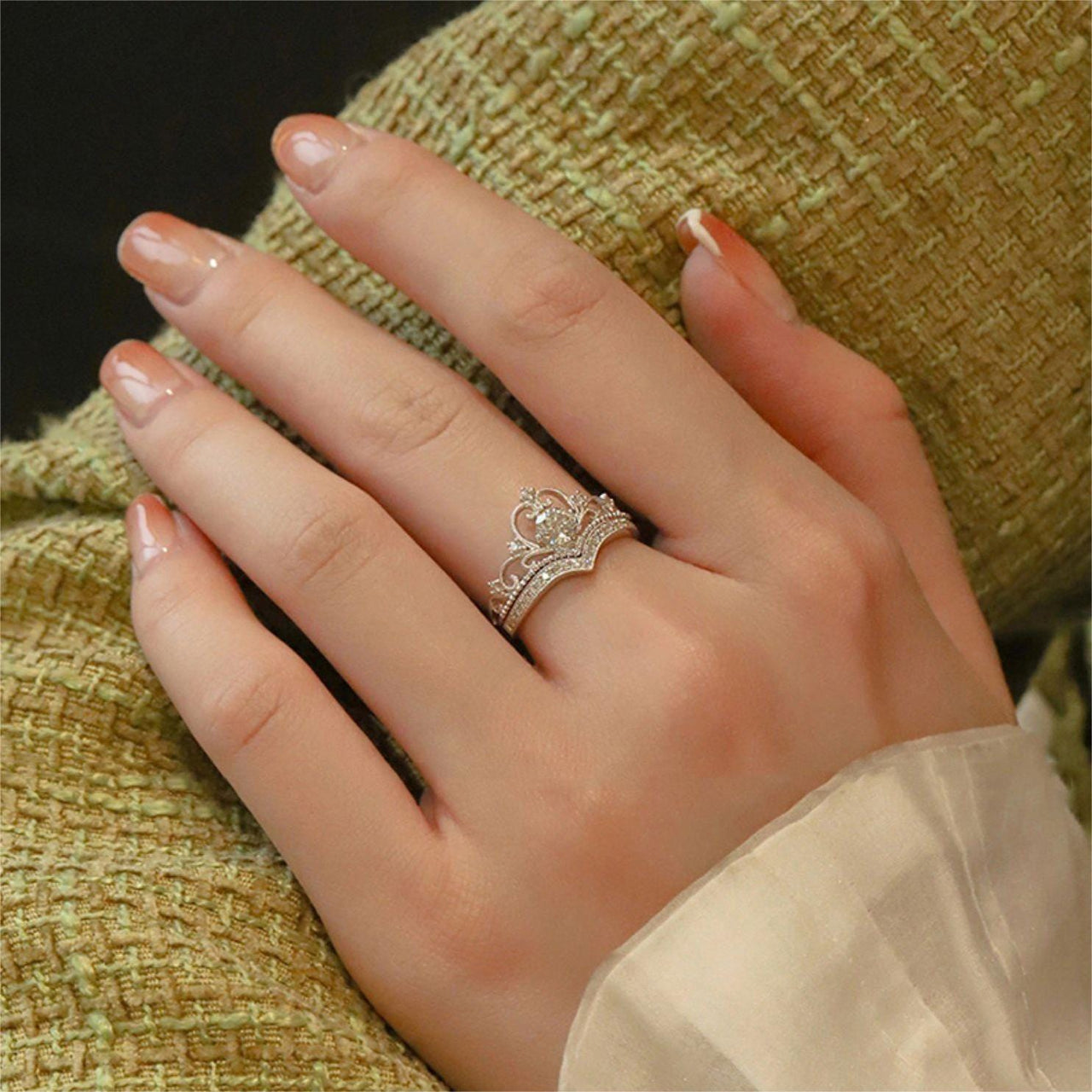 CZ Inlaid Stackable Silver Crown Ring Set - ArtGalleryZen