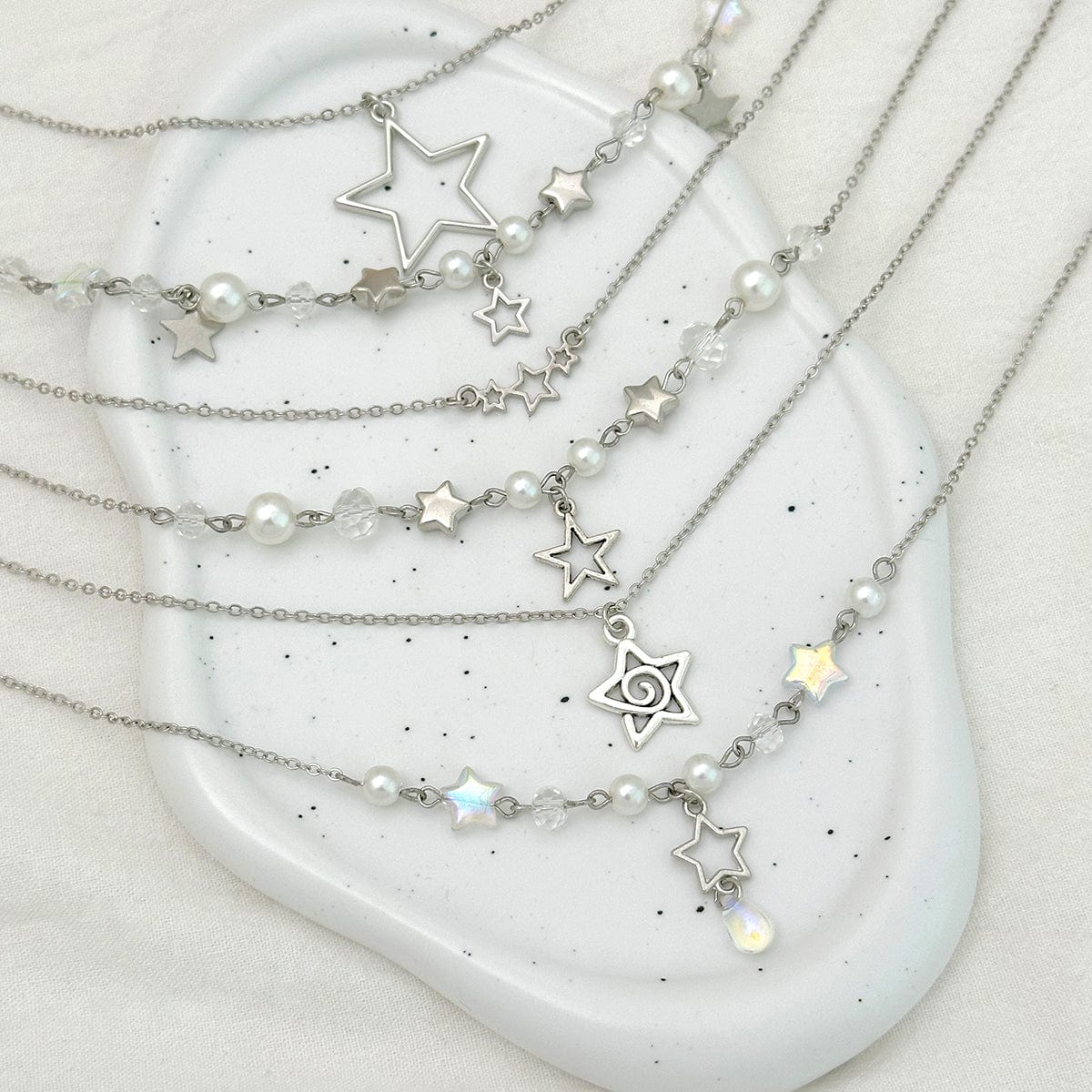 Dainty 6pcs Hollow Star Pendant Pearl Crystal Chain Necklace Set - ArtGalleryZen