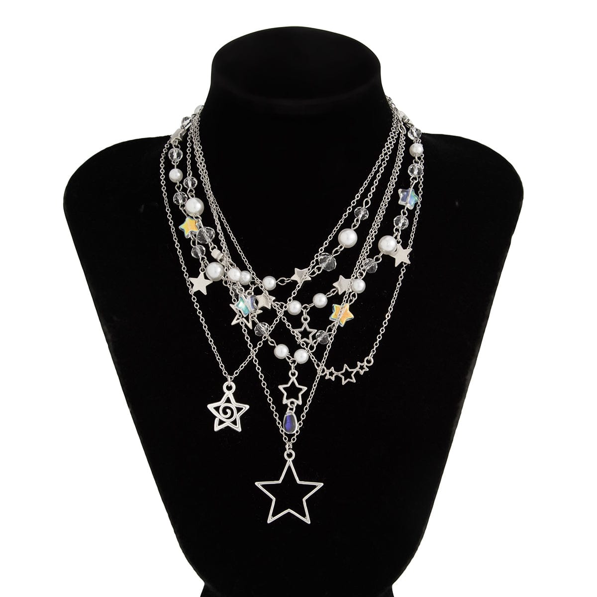 Dainty 6pcs Hollow Star Pendant Pearl Crystal Chain Necklace Set - ArtGalleryZen