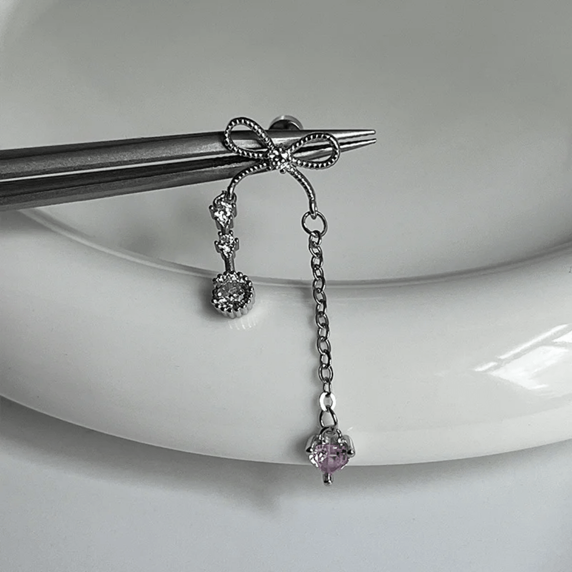 Dainty Bowknot Crystal Inlaid Heart Tassel Chain Earring - ArtGalleryZen