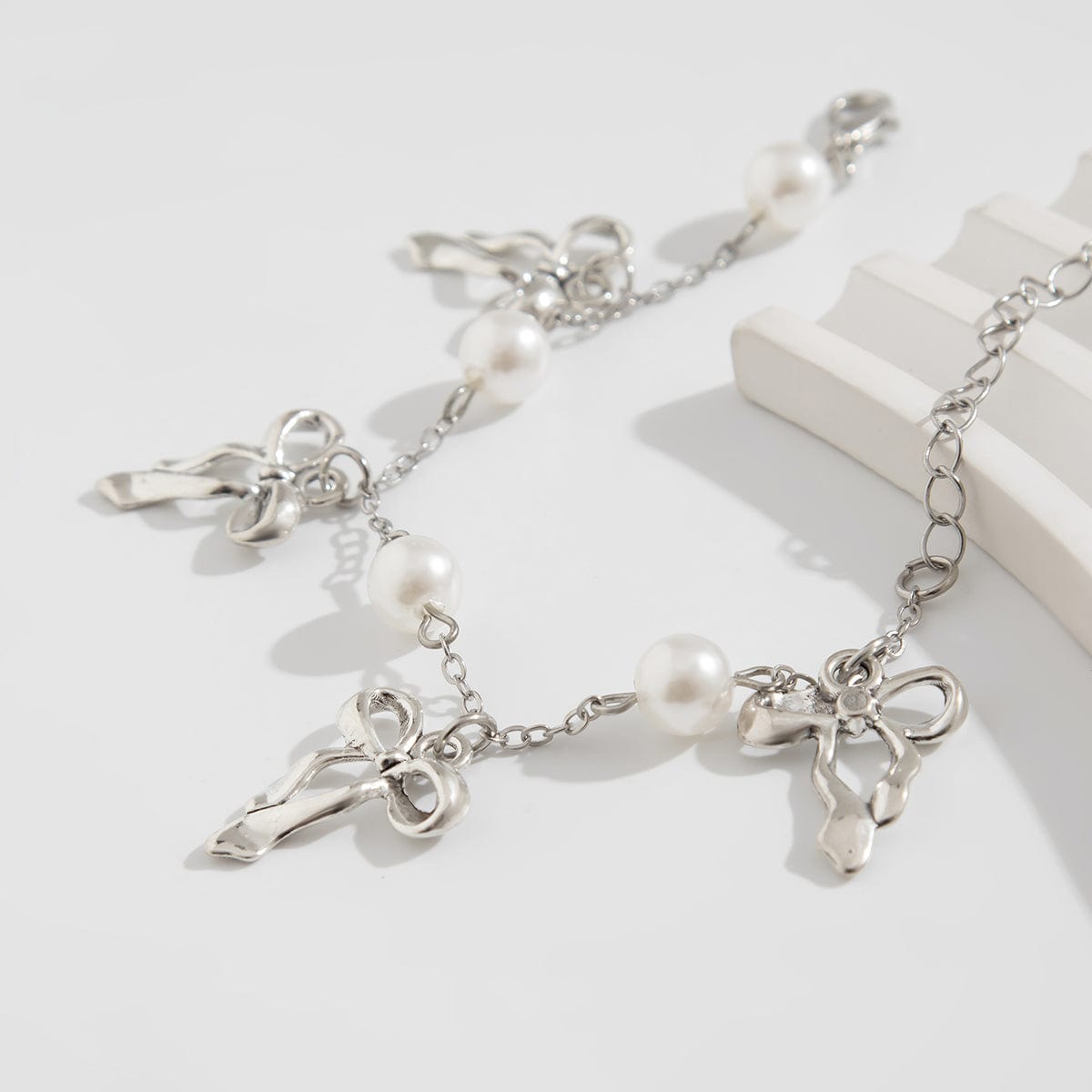 Dainty Bowknot Tassel Pearl Chain Bracelet - ArtGalleryZen
