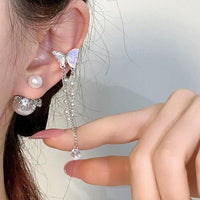 Thumbnail for Dainty Butterfly Pearl Chain Rhinestone Tassel Ear Cuff Earrings - ArtGalleryZen