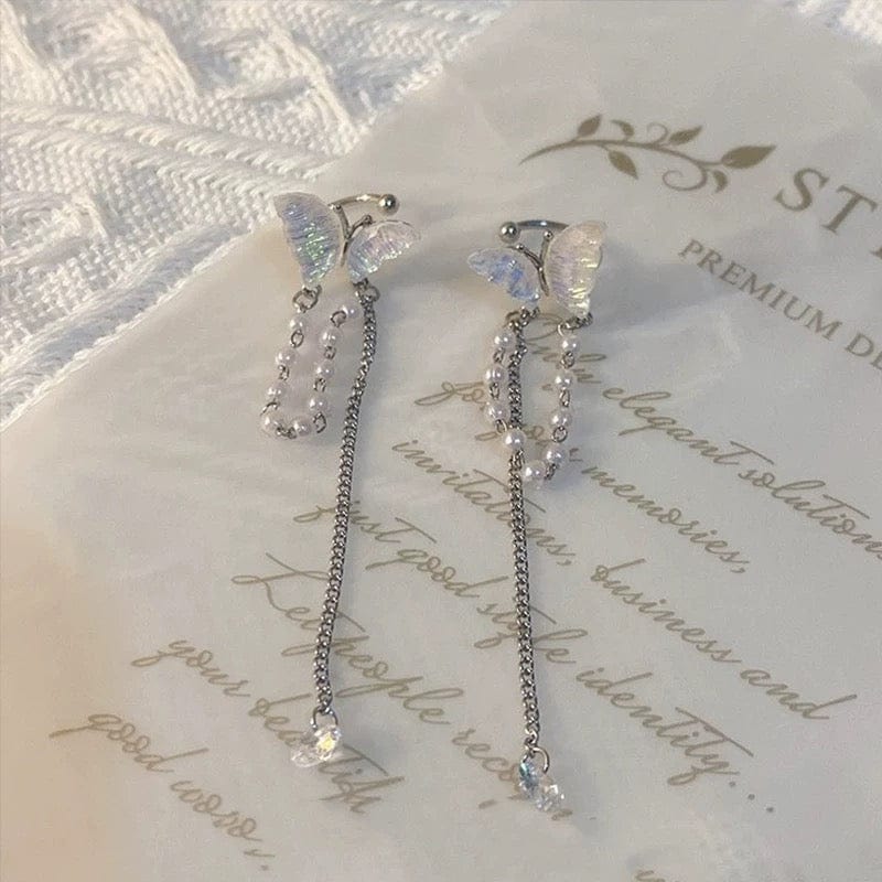 Dainty Butterfly Pearl Chain Rhinestone Tassel Ear Cuff Earrings - ArtGalleryZen