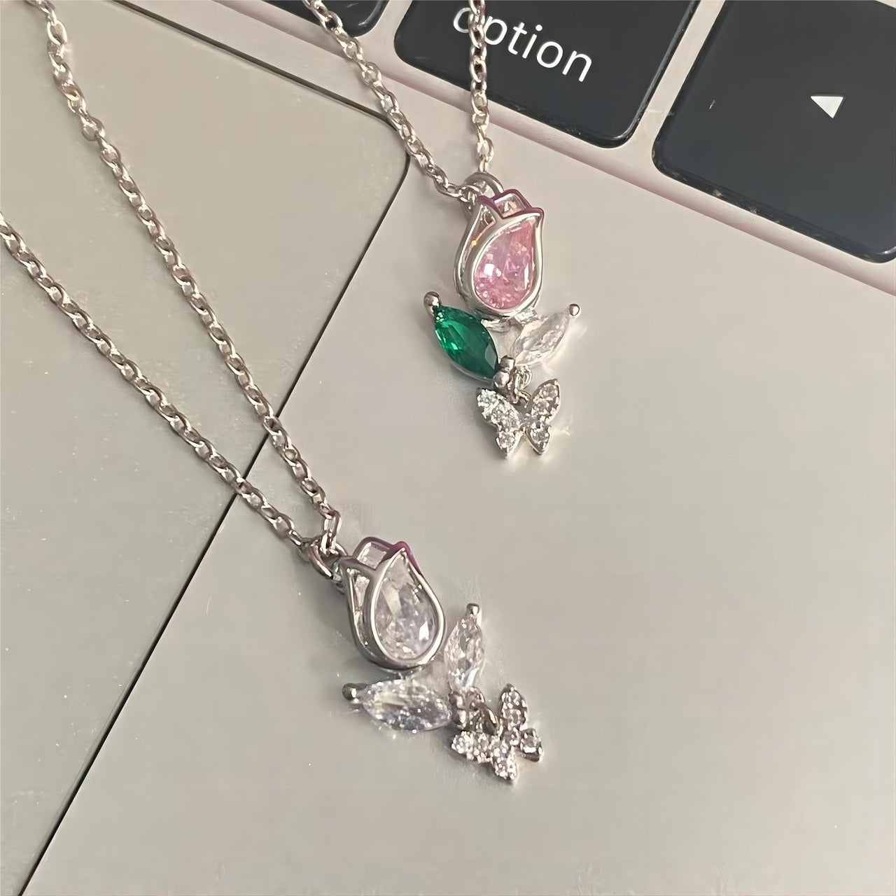 Dainty Crystal Butterfly Tulip Necklace - ArtGalleryZen