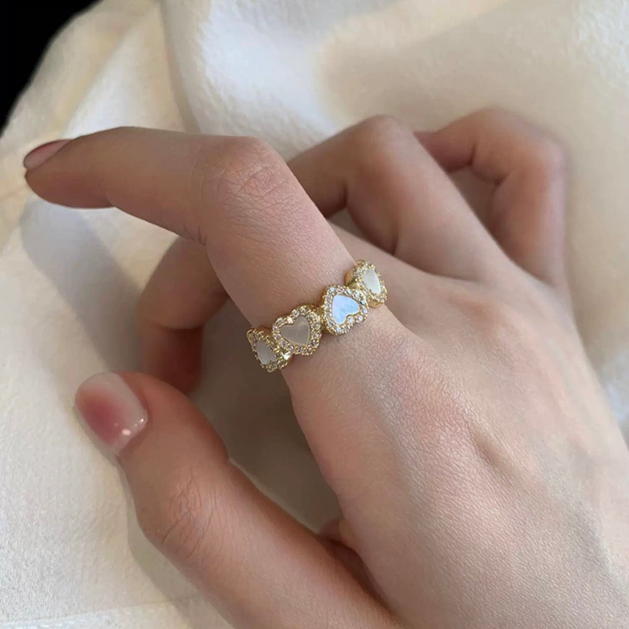 Dainty CZ Inlaid Gold Plated Enamel Heart Open Ring - ArtGalleryZen