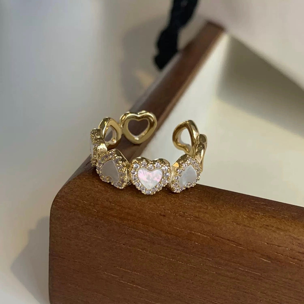 Dainty CZ Inlaid Gold Plated Enamel Heart Open Ring - ArtGalleryZen
