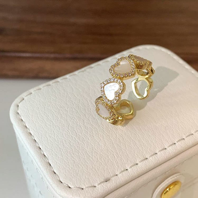 Dainty CZ Inlaid Gold Plated Enamel Heart Open Ring - ArtGalleryZen