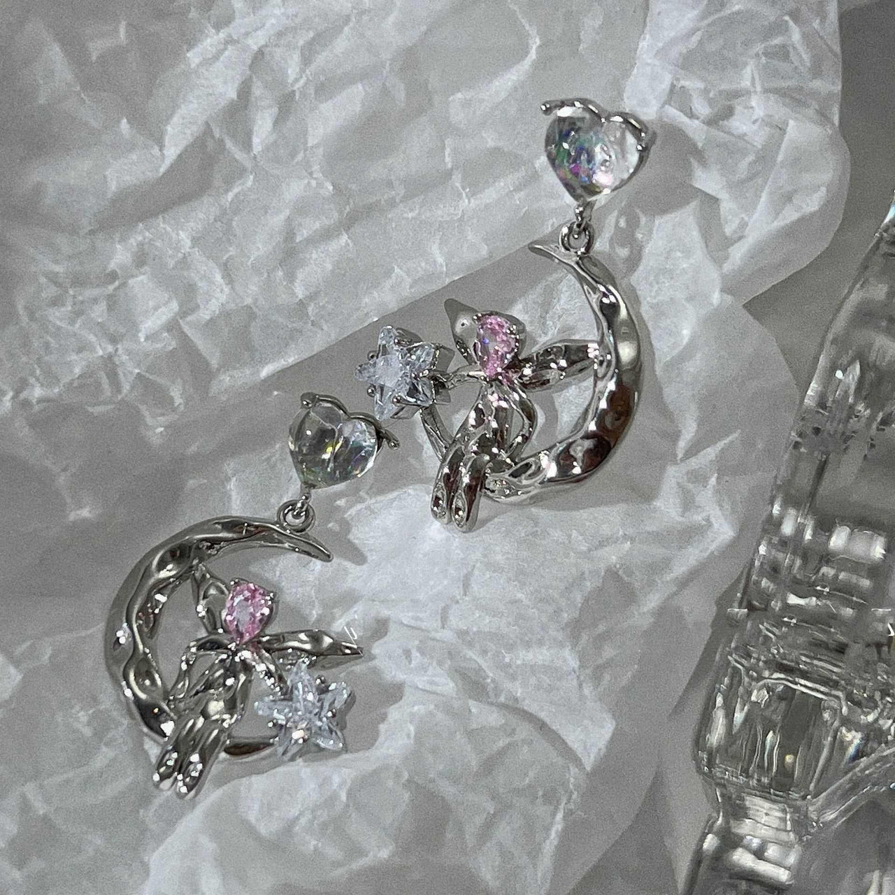 Dainty CZ Inlaid Heart Dangling Moon Star Elf Earrings - ArtGalleryZen