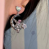 Thumbnail for Dainty CZ Inlaid Heart Dangling Moon Star Elf Earrings - ArtGalleryZen