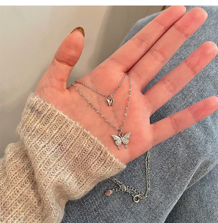 Dainty CZ Inlaid Layering Butterfly Necklace - ArtGalleryZen
