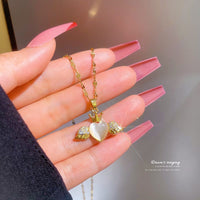 Thumbnail for Dainty CZ Inlaid Opal Crown Heart Wings Necklace - ArtGalleryZen